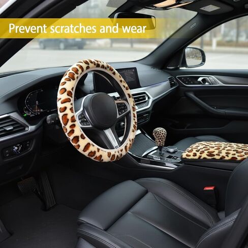 4-Piece Fuzzy Steering Wheel Cover for Women Girls, Accmor Universal Fit 15 inch Fur Car Wheel Cover & Handbrake Cover & Gear Shift Cover Set, Fashion Leopard Winter Warm Fluffy Vehicle Wheel Protecto in Saudi Arabia