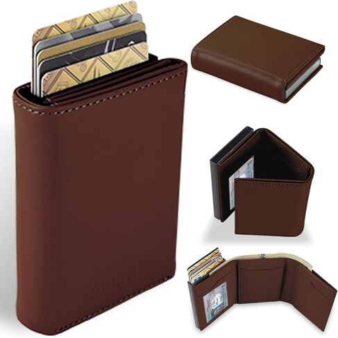 Minimalist Wallet for Men-Pop Up Business Card Case,with Money Clip Carbon Fiber Slots Credit Card Holder RFID Blocking Trifold Slim Wallet with ID Window and Coin Purse(Black Card Wallet for Men Gift in Saudi Arabia