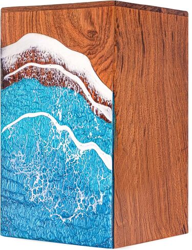 Wooden Urn for Ashes Adult Male & Female, Ocean Wave Design Handmade Cremation urns, Funeral urns, Decorative Memorial urns, Natural Wood with Blue Resin Art (Available in six Sizes) (LARGE-170) in Kuwait