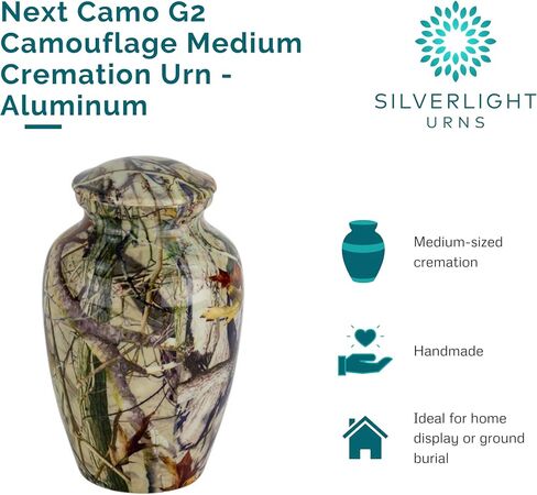جرة حرق جثث مموهة Next Camo G2 محفورة خصيصًا للرماد - متوسطة، ألومنيوم، جرة بنية، جرة حرق جثث متوسطة الحجم، ارتفاع 8.75 بوصة in Kuwait
