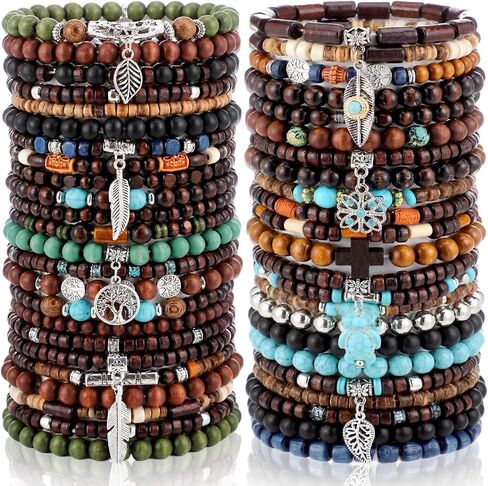 Tondiamo 48 Pcs Punk Wooden Beads Bracelets Gothic Bracelet for Men Adjustable Bulk Vintage Beaded Bracelet Metal Set Wood Bangles Wristbands Commemorative Gift in Saudi Arabia