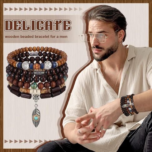 Tondiamo 48 Pcs Punk Wooden Beads Bracelets Gothic Bracelet for Men Adjustable Bulk Vintage Beaded Bracelet Metal Set Wood Bangles Wristbands Commemorative Gift in Saudi Arabia