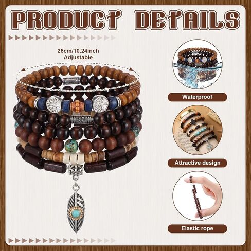 Tondiamo 48 Pcs Punk Wooden Beads Bracelets Gothic Bracelet for Men Adjustable Bulk Vintage Beaded Bracelet Metal Set Wood Bangles Wristbands Commemorative Gift in Saudi Arabia