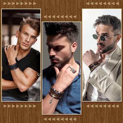 Tondiamo 48 Pcs Punk Wooden Beads Bracelets Gothic Bracelet for Men Adjustable Bulk Vintage Beaded Bracelet Metal Set Wood Bangles Wristbands Commemorative Gift in Saudi Arabia