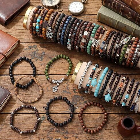 Tondiamo 48 Pcs Punk Wooden Beads Bracelets Gothic Bracelet for Men Adjustable Bulk Vintage Beaded Bracelet Metal Set Wood Bangles Wristbands Commemorative Gift in Saudi Arabia