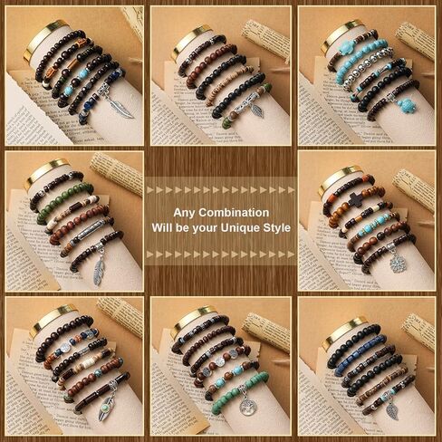 Tondiamo 48 Pcs Punk Wooden Beads Bracelets Gothic Bracelet for Men Adjustable Bulk Vintage Beaded Bracelet Metal Set Wood Bangles Wristbands Commemorative Gift in Saudi Arabia