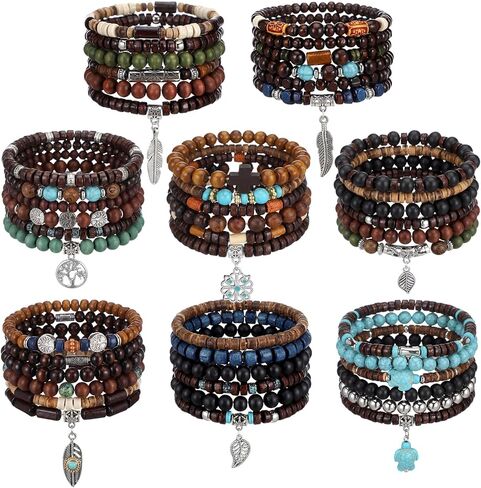 Tondiamo 48 Pcs Punk Wooden Beads Bracelets Gothic Bracelet for Men Adjustable Bulk Vintage Beaded Bracelet Metal Set Wood Bangles Wristbands Commemorative Gift in Saudi Arabia