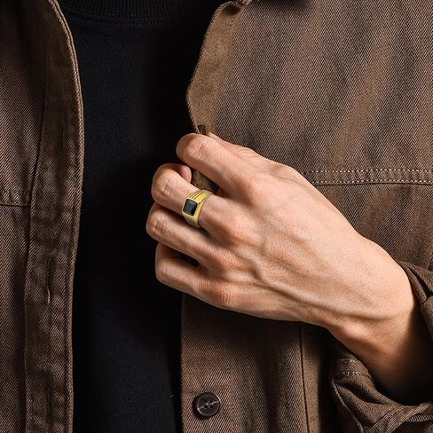 YL Gemstone Rings for Men Titanium Steel Square Signet Rings Black Stone Wedding Statement Band Jewelry-size12 in Saudi Arabia