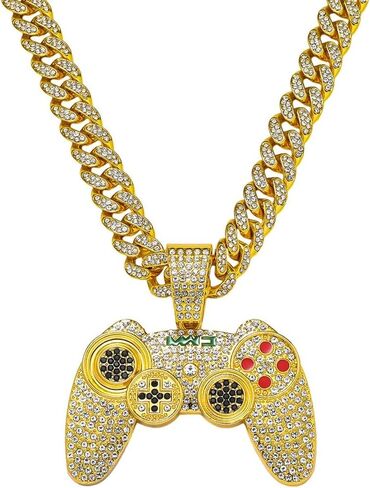 Men’s Hip Hop Rhinestone Game Controller Pendant Necklace Rock Rapper Jewelry, Gothic Punk Rock Iced Out Gold Game Console Handle Cuban Link Chain for Men in Kuwait