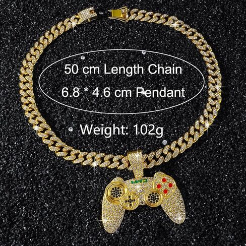 Men’s Hip Hop Rhinestone Game Controller Pendant Necklace Rock Rapper Jewelry, Gothic Punk Rock Iced Out Gold Game Console Handle Cuban Link Chain for Men in Kuwait