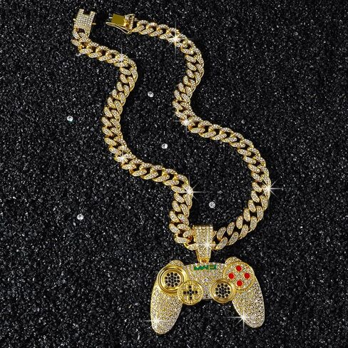 Men’s Hip Hop Rhinestone Game Controller Pendant Necklace Rock Rapper Jewelry, Gothic Punk Rock Iced Out Gold Game Console Handle Cuban Link Chain for Men in Kuwait