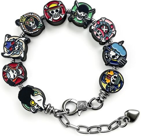 ALCEA ROSEA OP Charm Bracelet Gift Set 9 Anime-Style Mini Chibi Skull Faces, Luffy, Zoro, Nami, Sanji, Usopp, Robin & More, Removable Alloy Chain for Fans (Color Black 1) in Kuwait