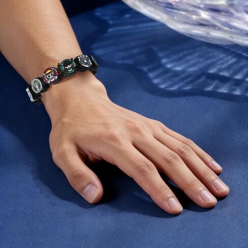 ALCEA ROSEA OP Charm Bracelet Gift Set 9 Anime-Style Mini Chibi Skull Faces, Luffy, Zoro, Nami, Sanji, Usopp, Robin & More, Removable Alloy Chain for Fans (Color Black 1) in Kuwait