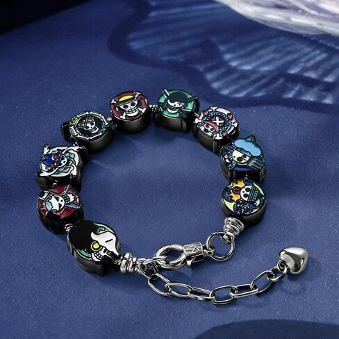 ALCEA ROSEA OP Charm Bracelet Gift Set 9 Anime-Style Mini Chibi Skull Faces, Luffy, Zoro, Nami, Sanji, Usopp, Robin & More, Removable Alloy Chain for Fans (Color Black 1) in Kuwait