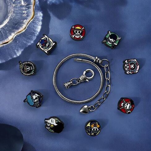 ALCEA ROSEA OP Charm Bracelet Gift Set 9 Anime-Style Mini Chibi Skull Faces, Luffy, Zoro, Nami, Sanji, Usopp, Robin & More, Removable Alloy Chain for Fans (Color Black 1) in Kuwait