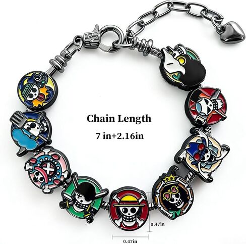 ALCEA ROSEA OP Charm Bracelet Gift Set 9 Anime-Style Mini Chibi Skull Faces, Luffy, Zoro, Nami, Sanji, Usopp, Robin & More, Removable Alloy Chain for Fans (Color Black 1) in Kuwait