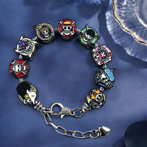 ALCEA ROSEA OP Charm Bracelet Gift Set 9 Anime-Style Mini Chibi Skull Faces, Luffy, Zoro, Nami, Sanji, Usopp, Robin & More, Removable Alloy Chain for Fans (Color Black 1) in Kuwait