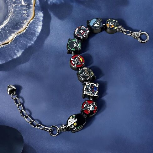 ALCEA ROSEA OP Charm Bracelet Gift Set 9 Anime-Style Mini Chibi Skull Faces, Luffy, Zoro, Nami, Sanji, Usopp, Robin & More, Removable Alloy Chain for Fans (Color Black 1) in Kuwait