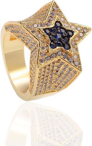 خاتم على شكل نجمة خماسية من الياقوت المثلج مطلي بالذهب عيار 18 قيراط بلينغ تشيكوسلوفاكيا خاتم الهيب هوب الماسي للرجال والنساء in Kuwait