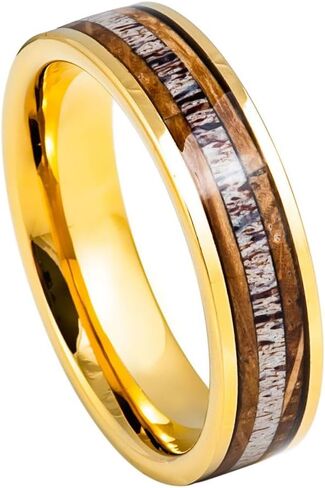 Tungsten 6mm Gold Wedding Band with Deer Antler Inlay – Polished Comfort Fit Ring for Men & Women, Durable Unique Design for Couples, Nature Lovers & Outdoor Enthusiasts- Custom Engraving. in Saudi Arabia