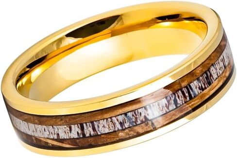 Tungsten 6mm Gold Wedding Band with Deer Antler Inlay – Polished Comfort Fit Ring for Men & Women, Durable Unique Design for Couples, Nature Lovers & Outdoor Enthusiasts- Custom Engraving. in Saudi Arabia