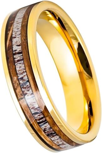 Tungsten 6mm Gold Wedding Band with Deer Antler Inlay – Polished Comfort Fit Ring for Men & Women, Durable Unique Design for Couples, Nature Lovers & Outdoor Enthusiasts- Custom Engraving. in Saudi Arabia