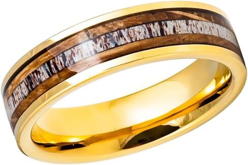 Tungsten 6mm Gold Wedding Band with Deer Antler Inlay – Polished Comfort Fit Ring for Men & Women, Durable Unique Design for Couples, Nature Lovers & Outdoor Enthusiasts- Custom Engraving. in Saudi Arabia
