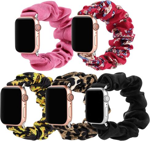 Simpeak 5Pack Elastic Fabric Scrunchie Band Compatible with Apple Watch 45mm 44mm 42mm, Women Girl Strap Replacement for iWatch Series 9 8 7 6 SE 5 4 3, Large, Black/Leopard/Cow/Red Flower/Floral in Kuwait
