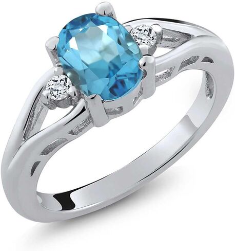 Gem Stone King 1.80 Cttw Swiss Blue Topaz and White Topaz 3-Stone Ring For Women | 925 Sterling Silver | Center: 8X6MM Oval | Three Stone Wedding Engagement Anniversary Promise Ring For Women in Saudi Arabia
