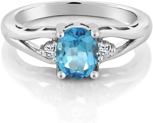 Gem Stone King 1.80 Cttw Swiss Blue Topaz and White Topaz 3-Stone Ring For Women | 925 Sterling Silver | Center: 8X6MM Oval | Three Stone Wedding Engagement Anniversary Promise Ring For Women in Saudi Arabia