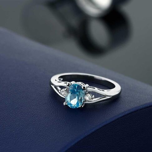 Gem Stone King 1.80 Cttw Swiss Blue Topaz and White Topaz 3-Stone Ring For Women | 925 Sterling Silver | Center: 8X6MM Oval | Three Stone Wedding Engagement Anniversary Promise Ring For Women in Saudi Arabia