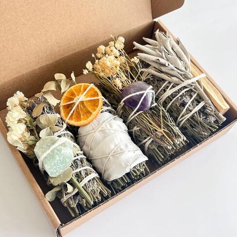 Spiritual Smudge Kit – 4 Sage Bundles with Crystals, Palo Santo & Dried Flowers – Energy Cleansing Gift Set for Meditation, Relaxation, and Positive Vibes in Saudi Arabia