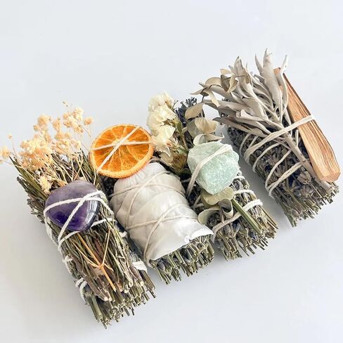 Spiritual Smudge Kit – 4 Sage Bundles with Crystals, Palo Santo & Dried Flowers – Energy Cleansing Gift Set for Meditation, Relaxation, and Positive Vibes in Saudi Arabia