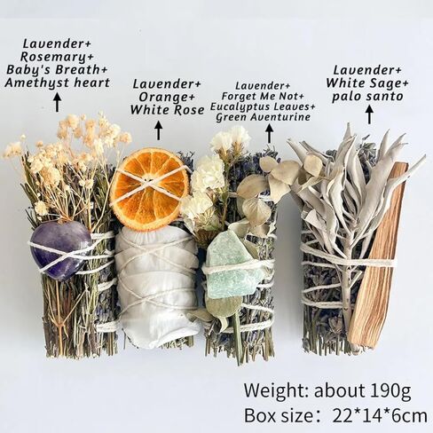 Spiritual Smudge Kit – 4 Sage Bundles with Crystals, Palo Santo & Dried Flowers – Energy Cleansing Gift Set for Meditation, Relaxation, and Positive Vibes in Saudi Arabia