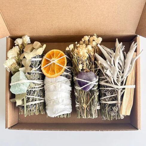 Spiritual Smudge Kit – 4 Sage Bundles with Crystals, Palo Santo & Dried Flowers – Energy Cleansing Gift Set for Meditation, Relaxation, and Positive Vibes in Saudi Arabia