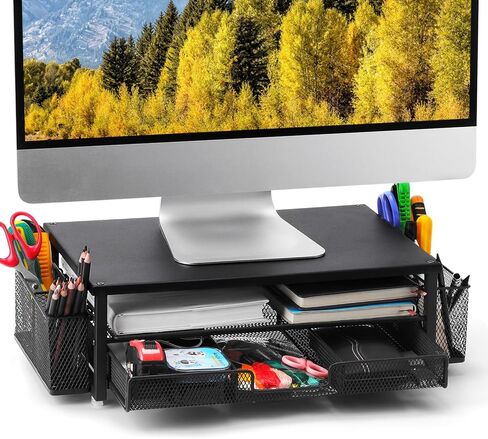 2-Tier Monitor Stand with Drawer, Laptop Stand with Storage for Desk, Heavy Duty Iron Computer Stand Riser & Desk Organizer with Drawers, Home Office Mesh Shelf for Monitor up to 32 Inch (Black) in Kuwait