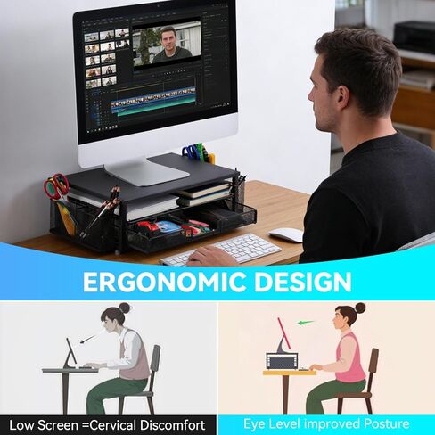 2-Tier Monitor Stand with Drawer, Laptop Stand with Storage for Desk, Heavy Duty Iron Computer Stand Riser & Desk Organizer with Drawers, Home Office Mesh Shelf for Monitor up to 32 Inch (Black) in Kuwait