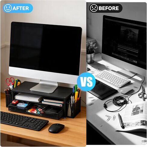 2-Tier Monitor Stand with Drawer, Laptop Stand with Storage for Desk, Heavy Duty Iron Computer Stand Riser & Desk Organizer with Drawers, Home Office Mesh Shelf for Monitor up to 32 Inch (Black) in Kuwait