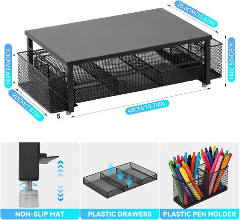 2-Tier Monitor Stand with Drawer, Laptop Stand with Storage for Desk, Heavy Duty Iron Computer Stand Riser & Desk Organizer with Drawers, Home Office Mesh Shelf for Monitor up to 32 Inch (Black) in Kuwait