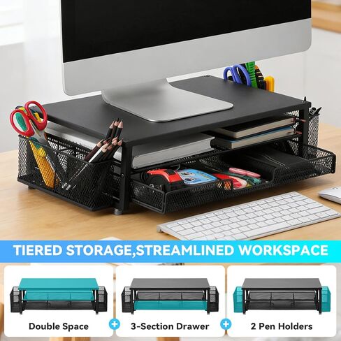 2-Tier Monitor Stand with Drawer, Laptop Stand with Storage for Desk, Heavy Duty Iron Computer Stand Riser & Desk Organizer with Drawers, Home Office Mesh Shelf for Monitor up to 32 Inch (Black) in Kuwait