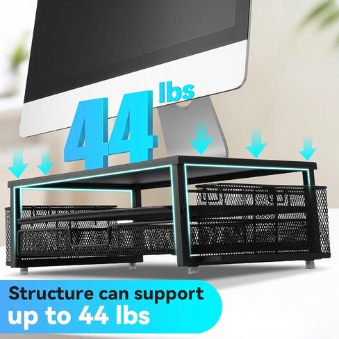 2-Tier Monitor Stand with Drawer, Laptop Stand with Storage for Desk, Heavy Duty Iron Computer Stand Riser & Desk Organizer with Drawers, Home Office Mesh Shelf for Monitor up to 32 Inch (Black) in Kuwait