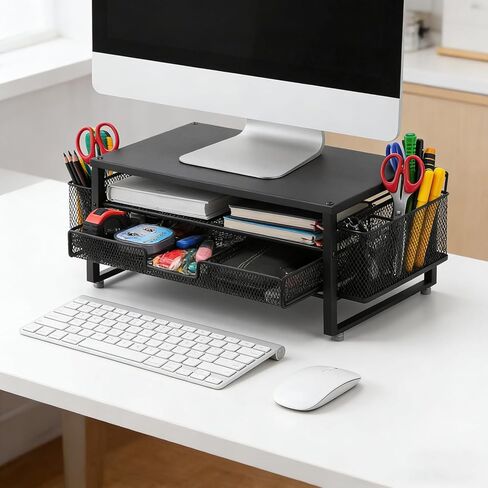 2-Tier Monitor Stand with Drawer, Laptop Stand with Storage for Desk, Heavy Duty Iron Computer Stand Riser & Desk Organizer with Drawers, Home Office Mesh Shelf for Monitor up to 32 Inch (Black) in Kuwait