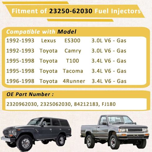 1995-1998 5VZ 3.4L Fuel Injectors,Compatible with/Toyota 3.4 Tacoma T100 4Runner 1995-1998,|2 Holes| |Set of 6| |OE#23250-62030| in Saudi Arabia