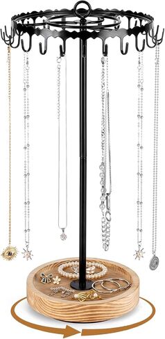 Rotating Necklace Holder Organizer, Necklace Tree Stand Display for Vendors, Tall with 24 Hooks Tangle-Free and Spinning Gifts for Womens Craft Show, Vintage Wooden and Black Metal in Kuwait