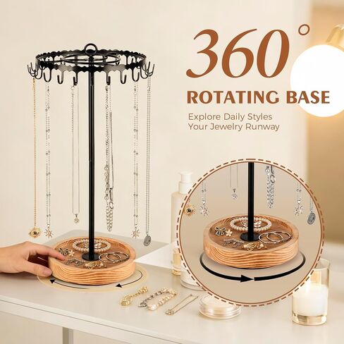 Rotating Necklace Holder Organizer, Necklace Tree Stand Display for Vendors, Tall with 24 Hooks Tangle-Free and Spinning Gifts for Womens Craft Show, Vintage Wooden and Black Metal in Kuwait