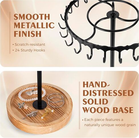 Rotating Necklace Holder Organizer, Necklace Tree Stand Display for Vendors, Tall with 24 Hooks Tangle-Free and Spinning Gifts for Womens Craft Show, Vintage Wooden and Black Metal in Kuwait