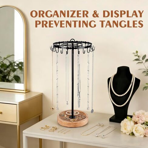 Rotating Necklace Holder Organizer, Necklace Tree Stand Display for Vendors, Tall with 24 Hooks Tangle-Free and Spinning Gifts for Womens Craft Show, Vintage Wooden and Black Metal in Kuwait