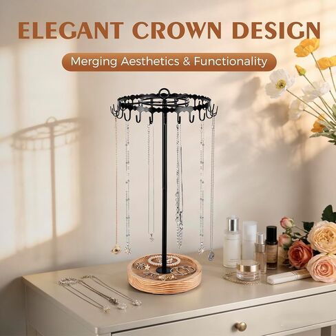 Rotating Necklace Holder Organizer, Necklace Tree Stand Display for Vendors, Tall with 24 Hooks Tangle-Free and Spinning Gifts for Womens Craft Show, Vintage Wooden and Black Metal in Kuwait