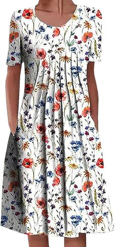 Summer Dresses for Women 2026 Casual Short Sleeve Knee Length T-Shirt Dress Loose Swing Boho Midi Dress with Pockets in Kuwait