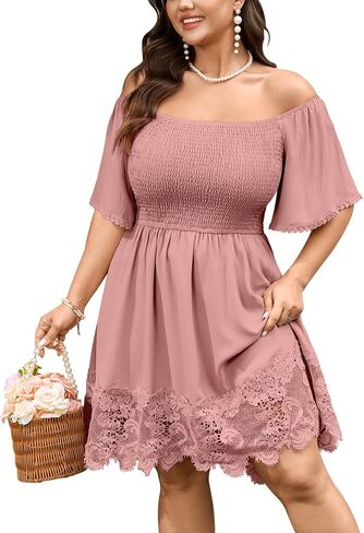 SCOMCHIC Womens Plus Size Smocked Summer Mini Dress Off The Shoulder Short Sleeves Lace Trim Boho Flowy Spring Dresses in Saudi Arabia